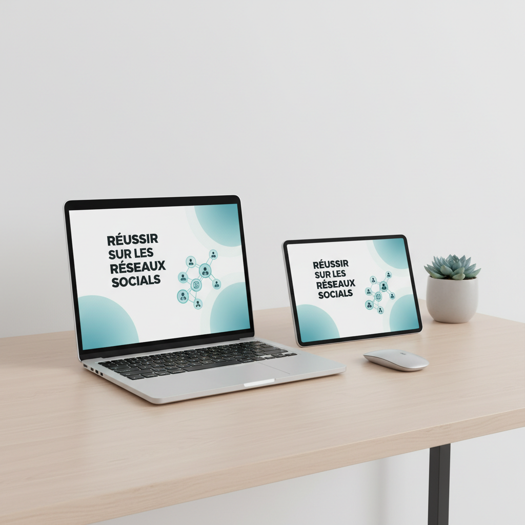 Mockup ebook Réussir sur les Réseaux Sociaux sur laptop et tablette