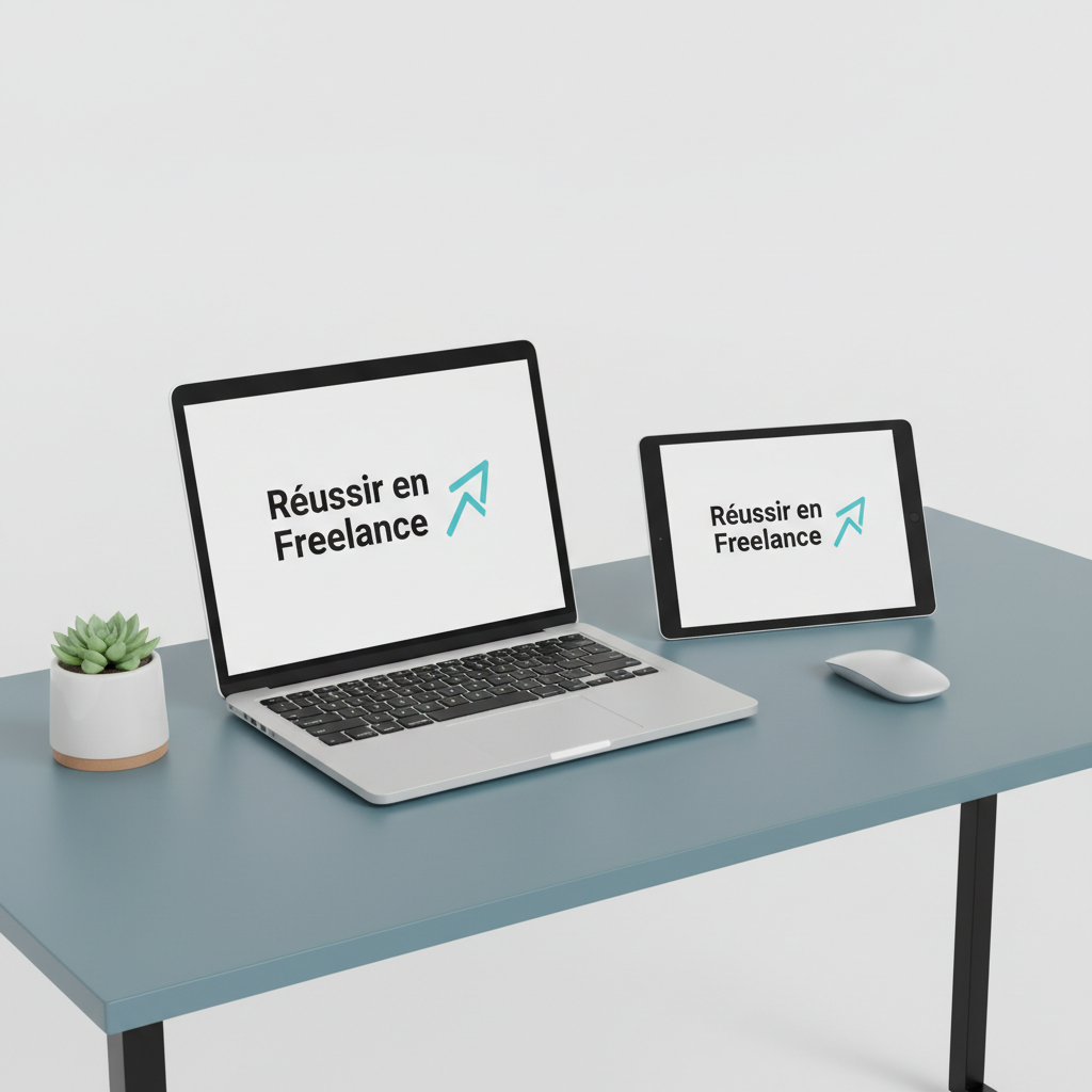 Mockup ebook Réussir en Freelance sur laptop et tablette